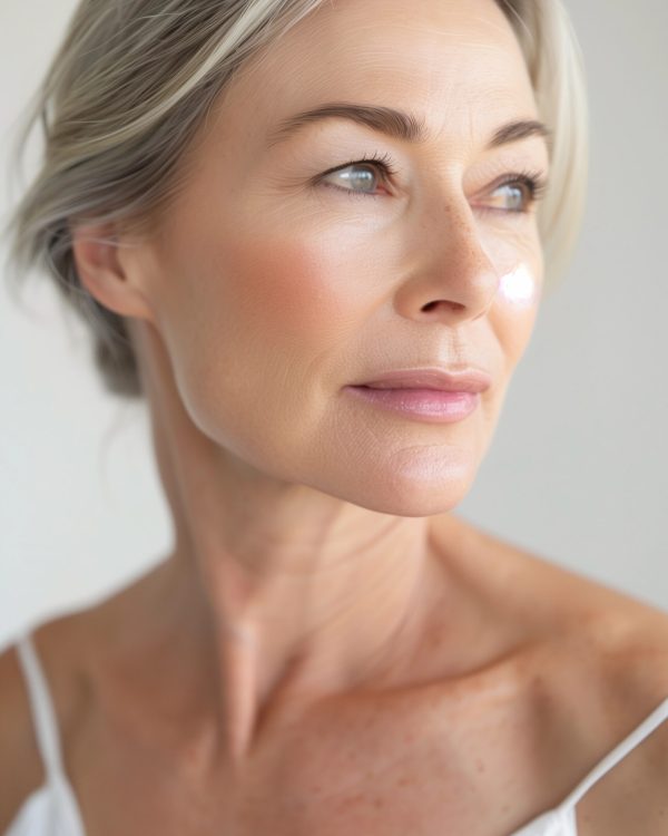 One mature woman glowing skin beauty anti-aging skincare wellness graceful self-care rejuvenation facial treatment hydration LED therapy chemical peel microneedling elegance plain background natural