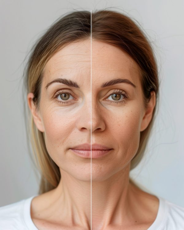 Before After photo of anti aging skin treatment of older woman in her 40s, before she has wrinkles, fine lines, afterwards smooth glowing skin and younger from microneedling, botox, ipl laser at salon
